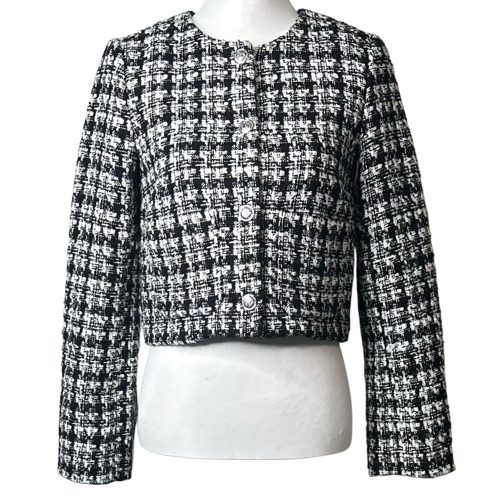 H&M Women's‎ Woven Boucle Silver Buttons Black White Gold Thread Blazer Sz S